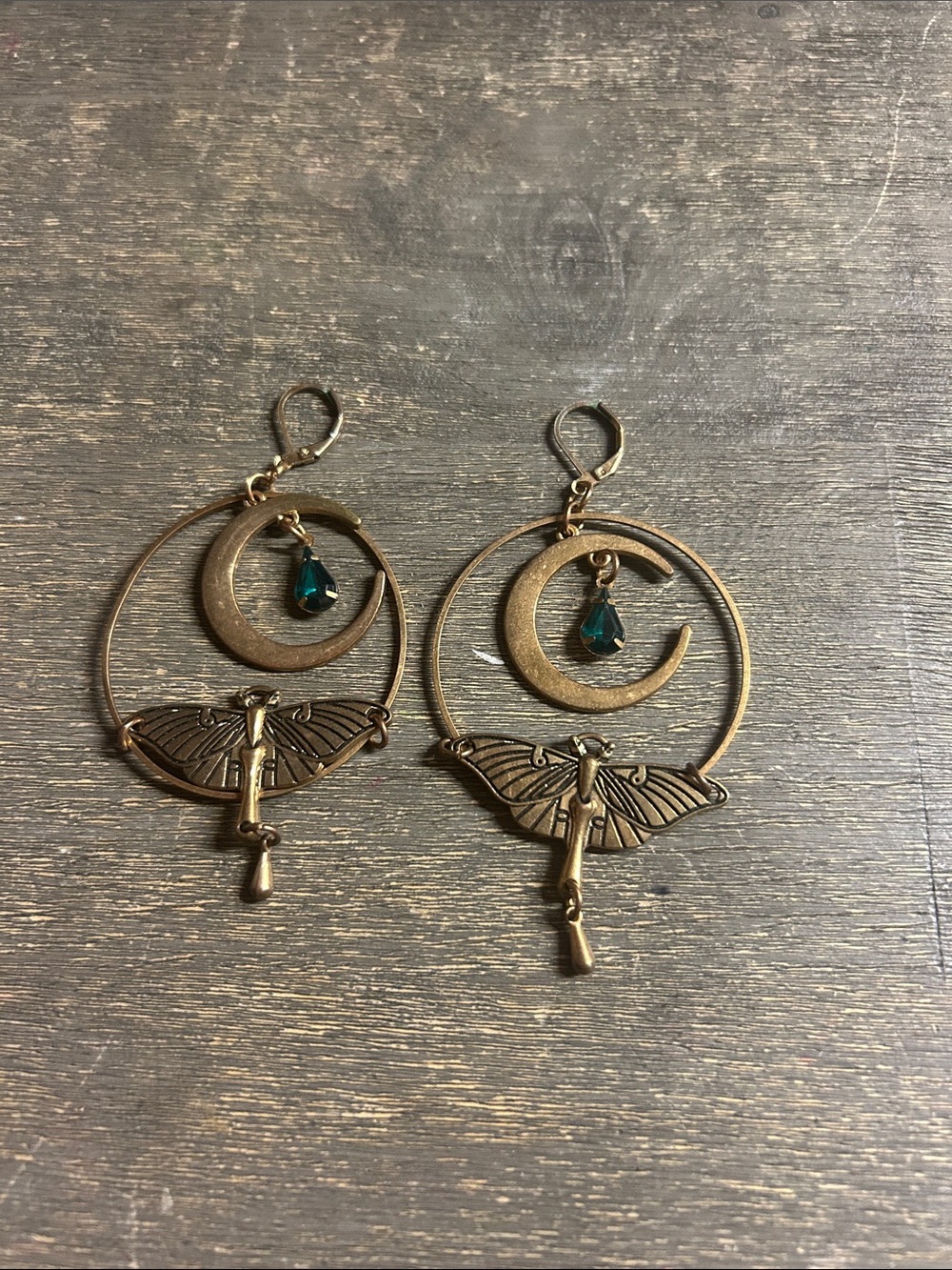 Bronze Moon‎ & Lunar Moth Dangle Earrings with Green Crystal